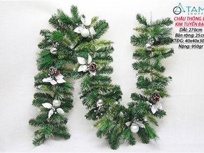 Dây lá thông bản lớn 3LL kim tuyến bạc có trang trí lá châu thông X-DLTL-05